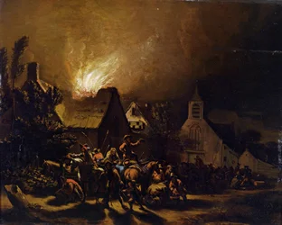 Maraudeurs devant un village en feu